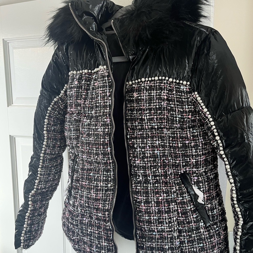 Forever 21 Black and Pink Tweed Puffer Jacket